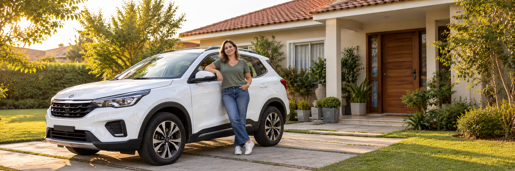 Mulher tranquila ao lado de seu carro na entrada de casa