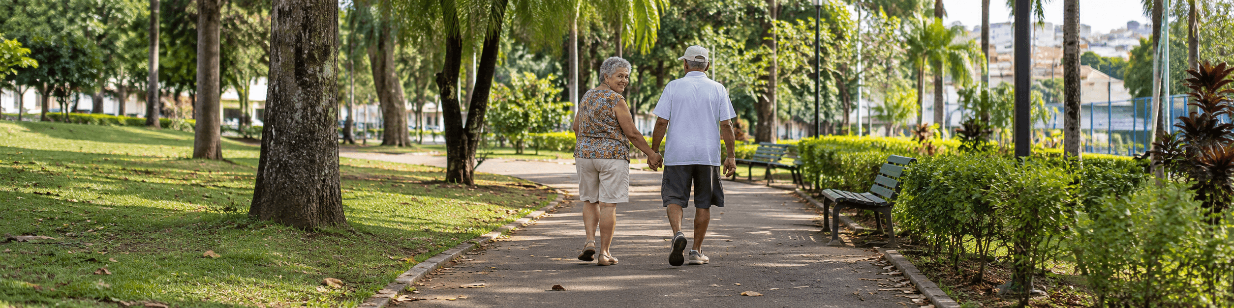 Casal de idosos caminhando de mãos dadas em um parque arborizado.
